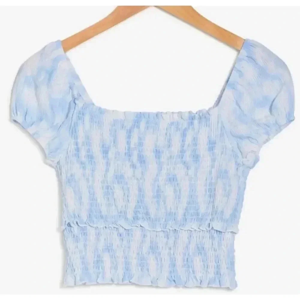 NEW Lush Women's Size Large Blue Swirl Smocked Cropped Top